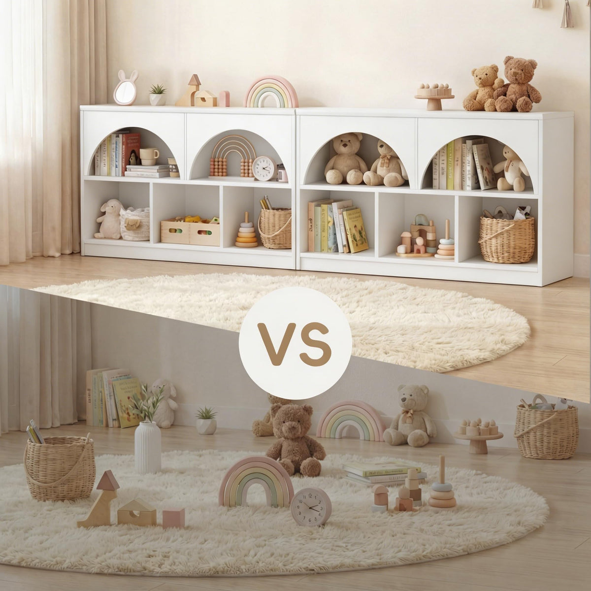 Fatmok Kids Bookshelf and Toy Storage, 2 Pack 58.5ââ Toy Organizer with Movable Chests & 3 Storage Bins, Large Kids Reading Nook with 5 Cubbies for Playroom, Bedroom, Nursery, White