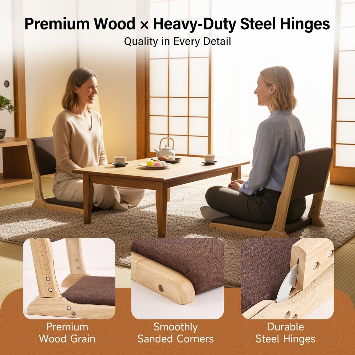 Tiita 2-Pack Foldable Meditation Floor Chairs with Back Support, Wood Grey