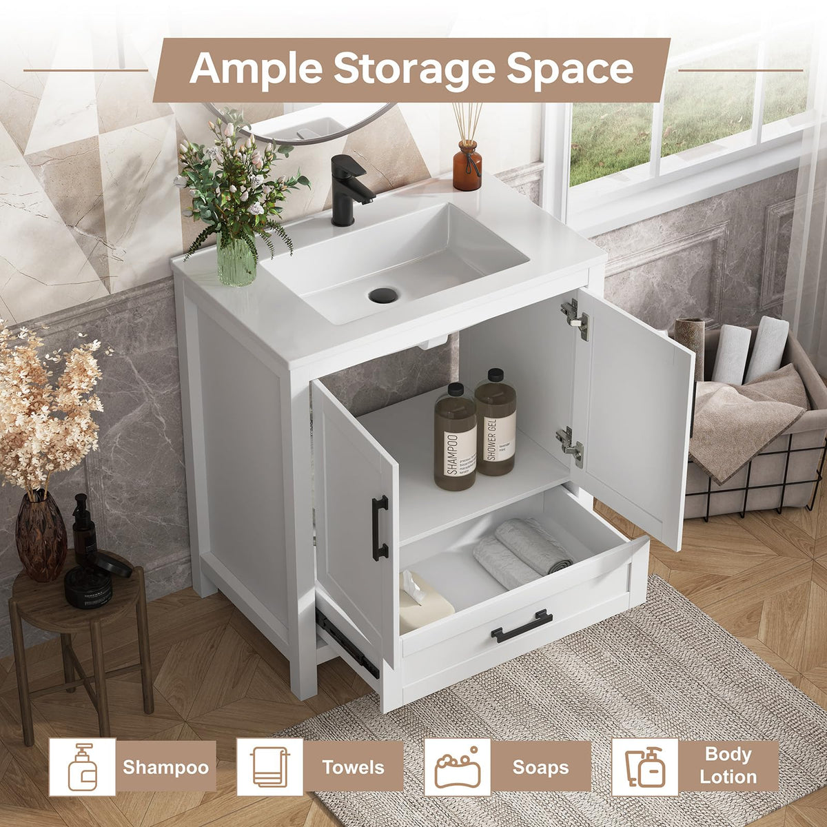 36 Inch Modern Bathroom Vanity with Sink, Black