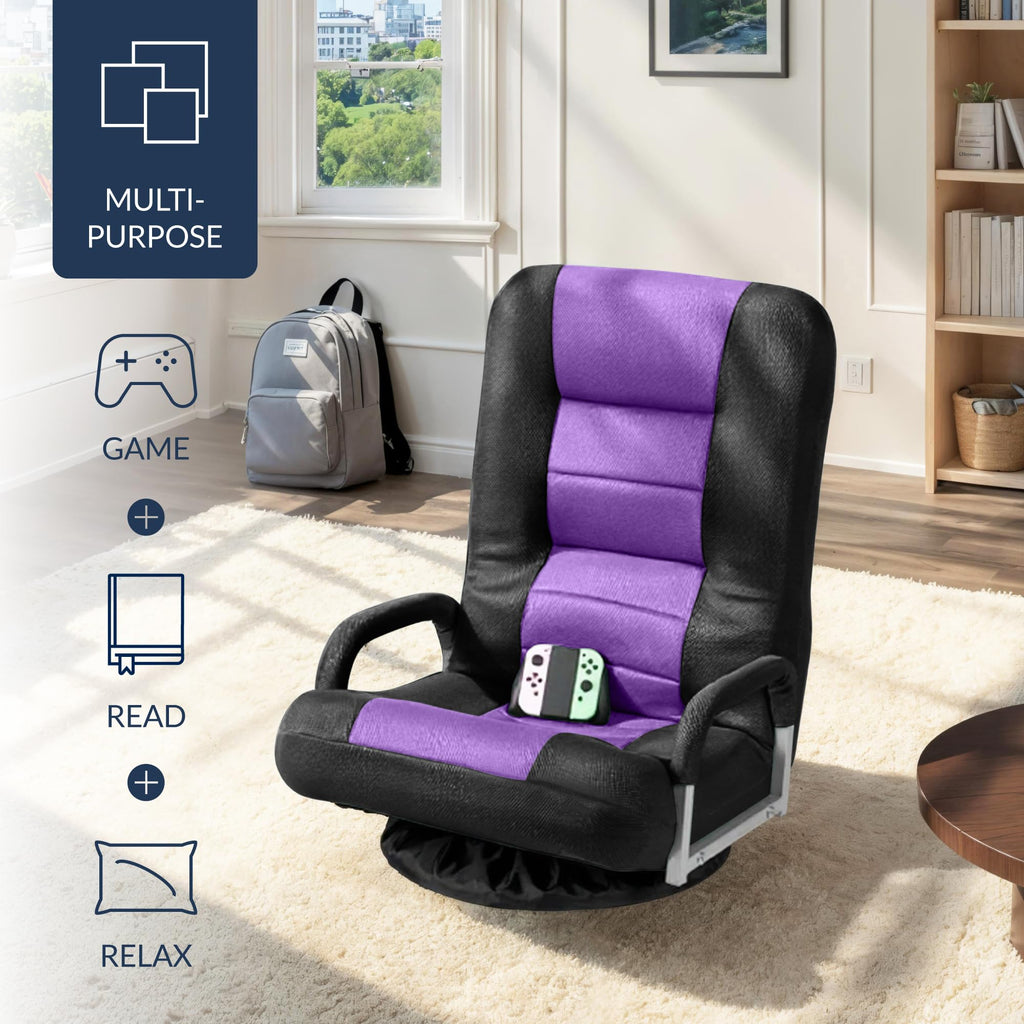 Best Choice Products Swivel Gaming Chair 360 Degree Multipurpose Floor Chair Rocker for TV, Reading, Playing Video Games w/Lumbar Support, Armrest Handles, Adjustable Foldable Backrest - Black/Black