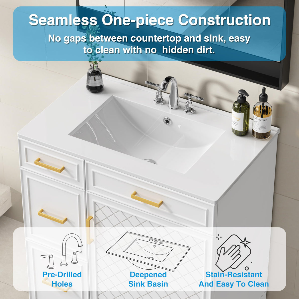 30" Bathroom Vanity with Sink, Solid Wood Frame Modern with Charging Station, Bathroom Single Sink Cabinet with 2 Drawers and 1 Doors, Gold Metal Handles, Black