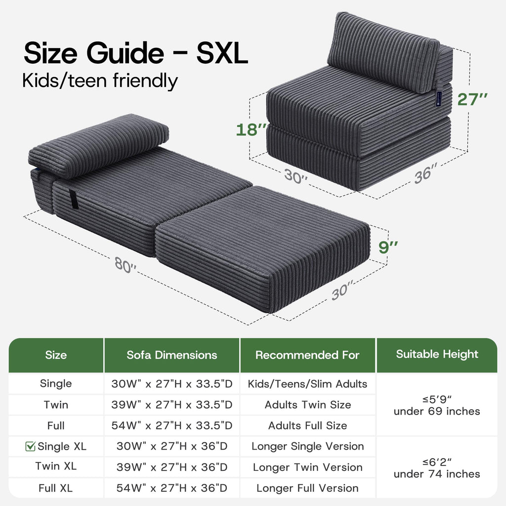 Folding Sofa Bed Convertible 4 in 1 Sleeper Chair Gray Single
