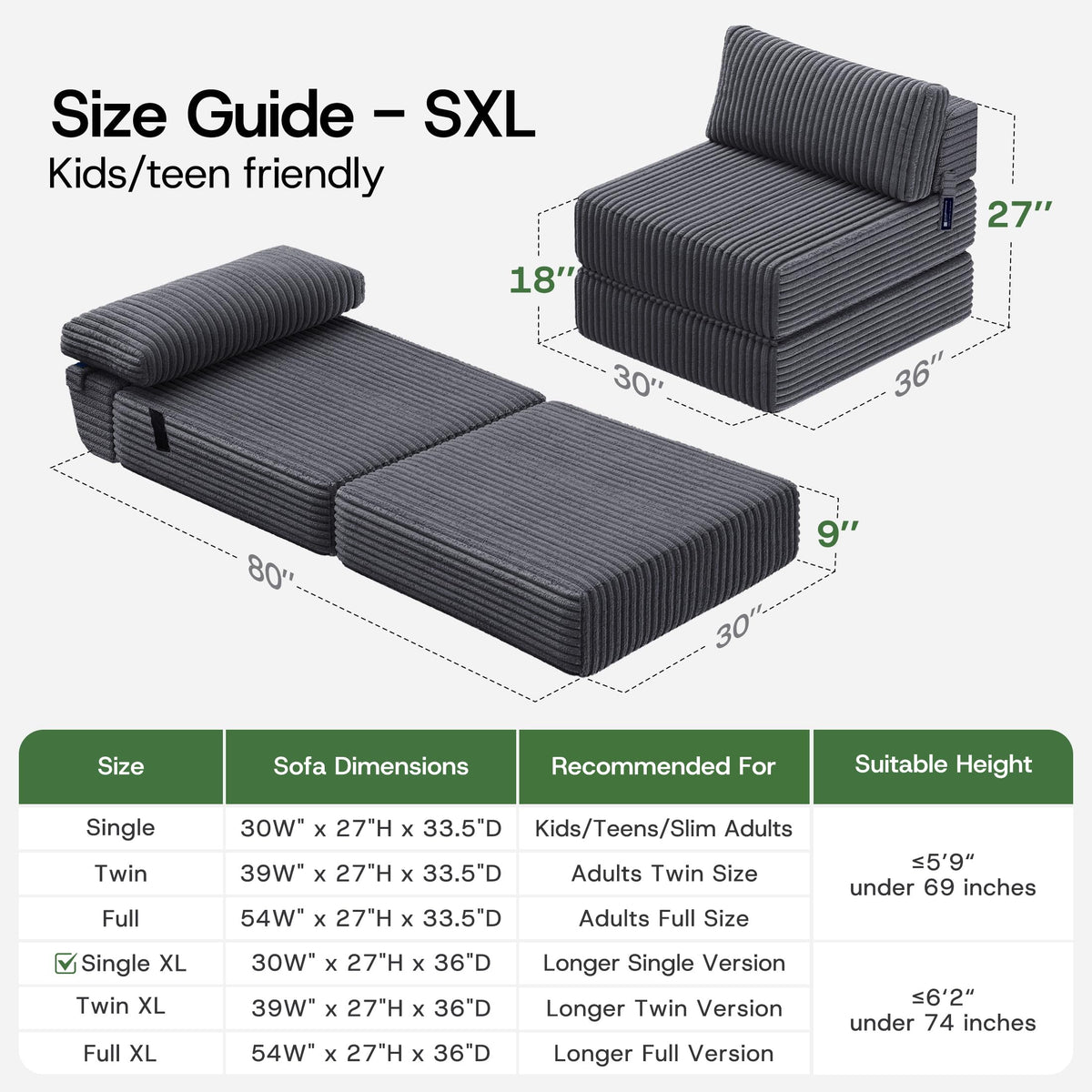 Folding Sofa Bed Convertible 4 in 1 Sleeper Chair Gray Single