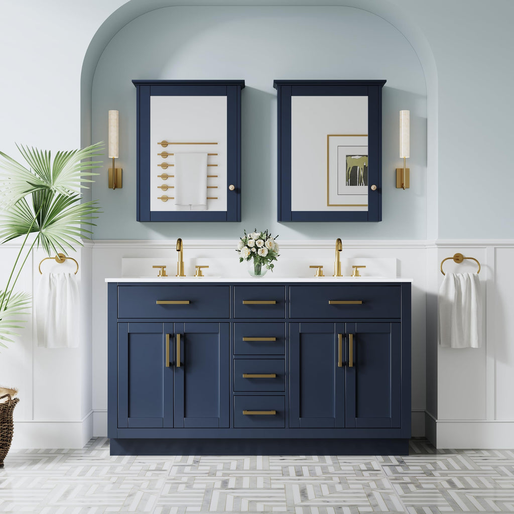WELLFOR 36-Inch Bathroom Vanity with Sink W/ 2 Doors & 4 Drawers & 1 Flip Drawer,Navy Blue Vanity W/Matte Black Handles