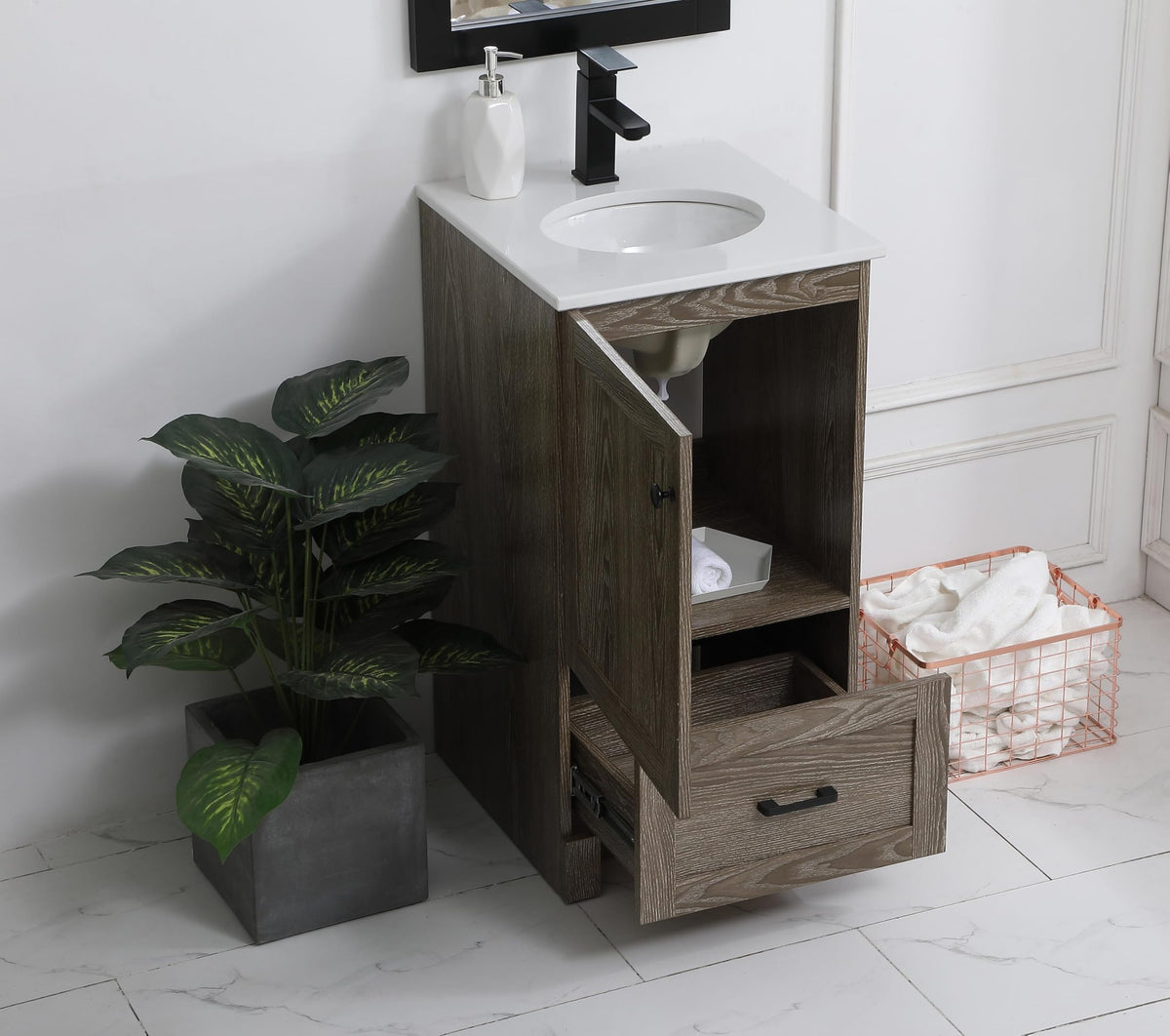 18" Pre-Assembled Bathroom Vanity with Sink, Engineered Wood, Ivory White Engineered Marble Countertop Included, Single Oval Porcelain Sink, 1 Soft-Close Drawers, Expresso