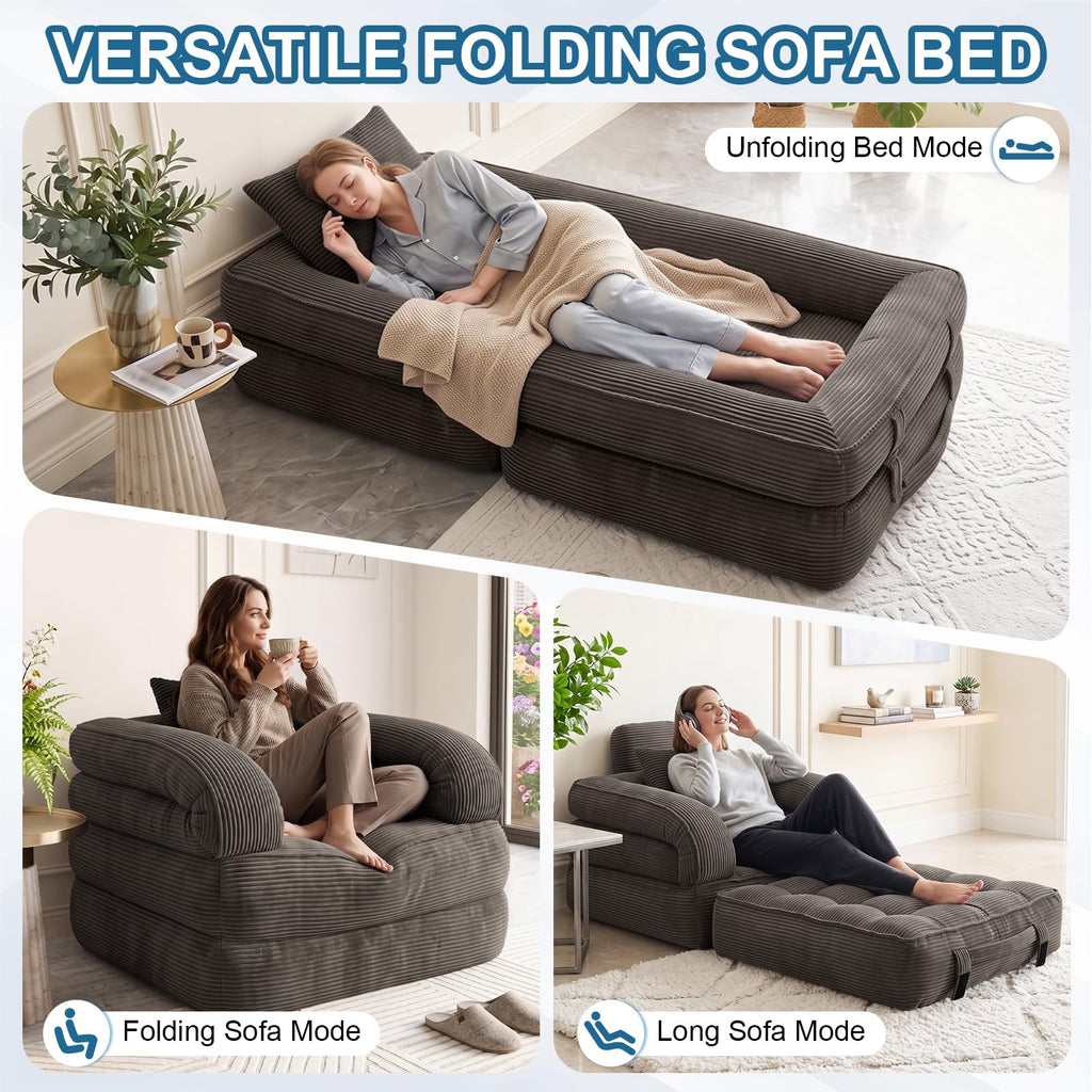 Folding Sofa Bed, Convertible Sleeper Chair with Armrests, Corduroy Foldable Boneless Bed, 3-in-1 Portable Futon Couch Floor Sofa with Pillow for Bedroom, Living Room, Orange