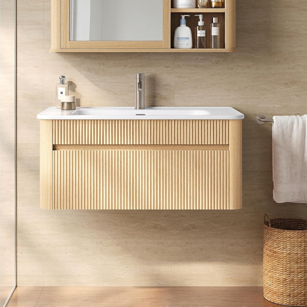 ModernMate 30 Inch Floating Bathroom Vanity with Ceramic Sink Combo, Solid Wood Curved Frame, Fluted Modern Wall Mounted Single Cabinet, Smart Storage, Soft-Close Drawer, Easy Assembly, Oak