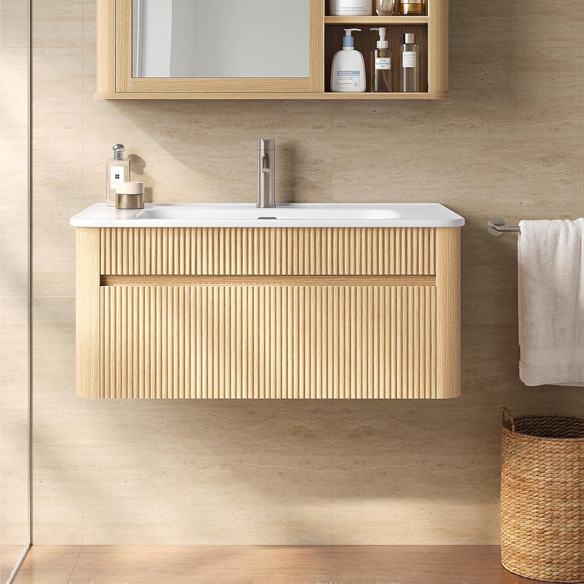 ModernMate 30 Inch Floating Bathroom Vanity with Ceramic Sink Combo, Solid Wood Curved Frame, Fluted Modern Wall Mounted Single Cabinet, Smart Storage, Soft-Close Drawer, Easy Assembly, Oak