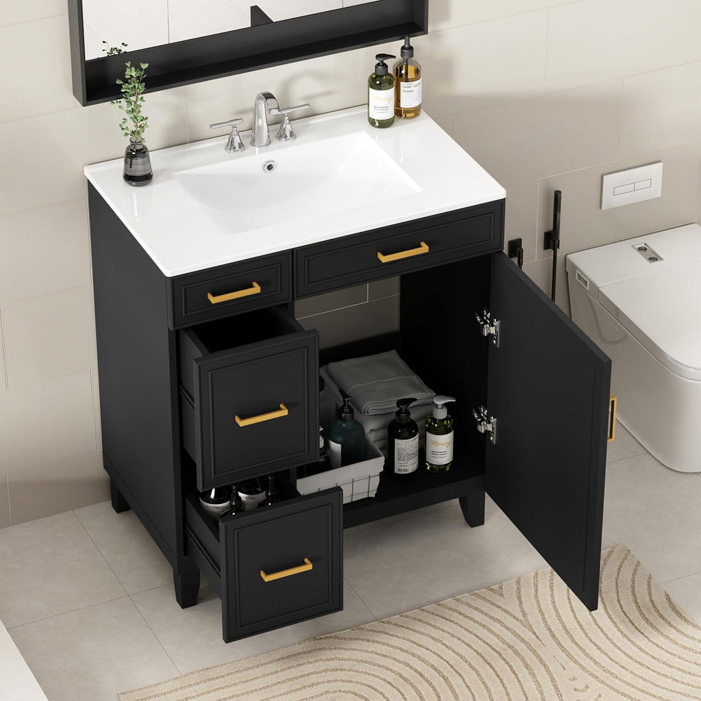 30" Bathroom Vanity with Sink, Solid Wood Frame Modern with Charging Station, Bathroom Single Sink Cabinet with 2 Drawers and 1 Doors, Gold Metal Handles, Black