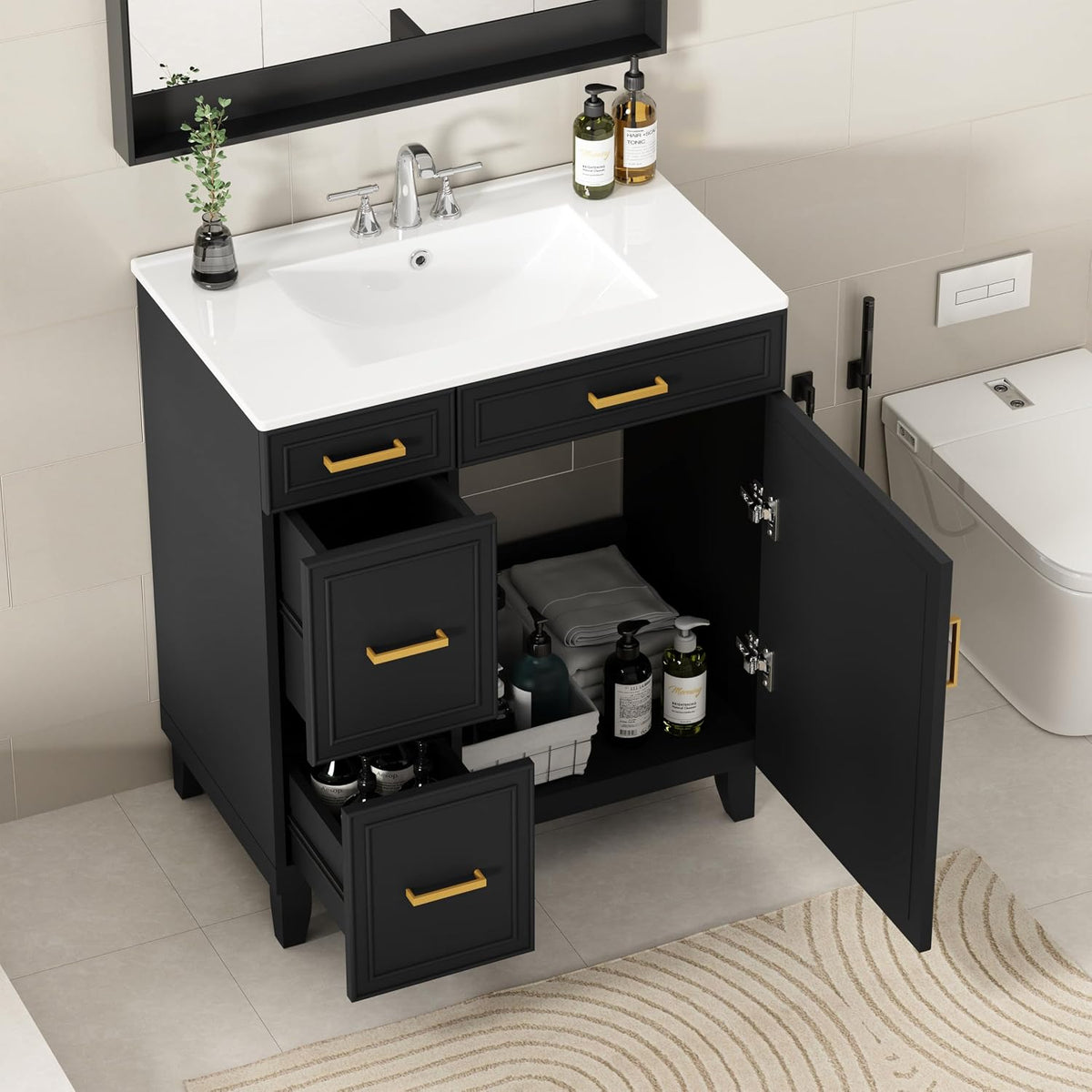 30" Bathroom Vanity with Sink, Solid Wood Frame Modern with Charging Station, Bathroom Single Sink Cabinet with 2 Drawers and 1 Doors, Gold Metal Handles, Black