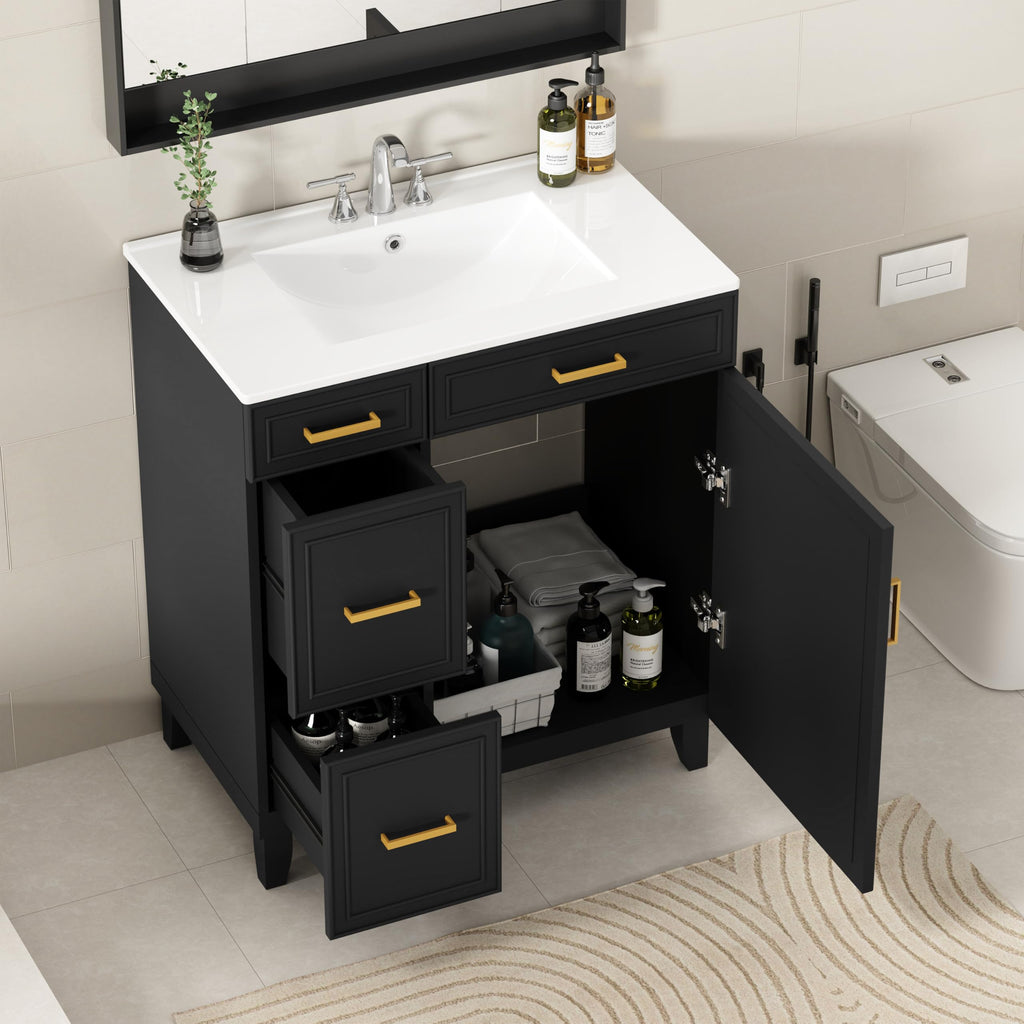 30" Bathroom Vanity with Sink, Solid Wood Frame Modern with Charging Station, Bathroom Single Sink Cabinet with 2 Drawers and 1 Doors, Gold Metal Handles, Black