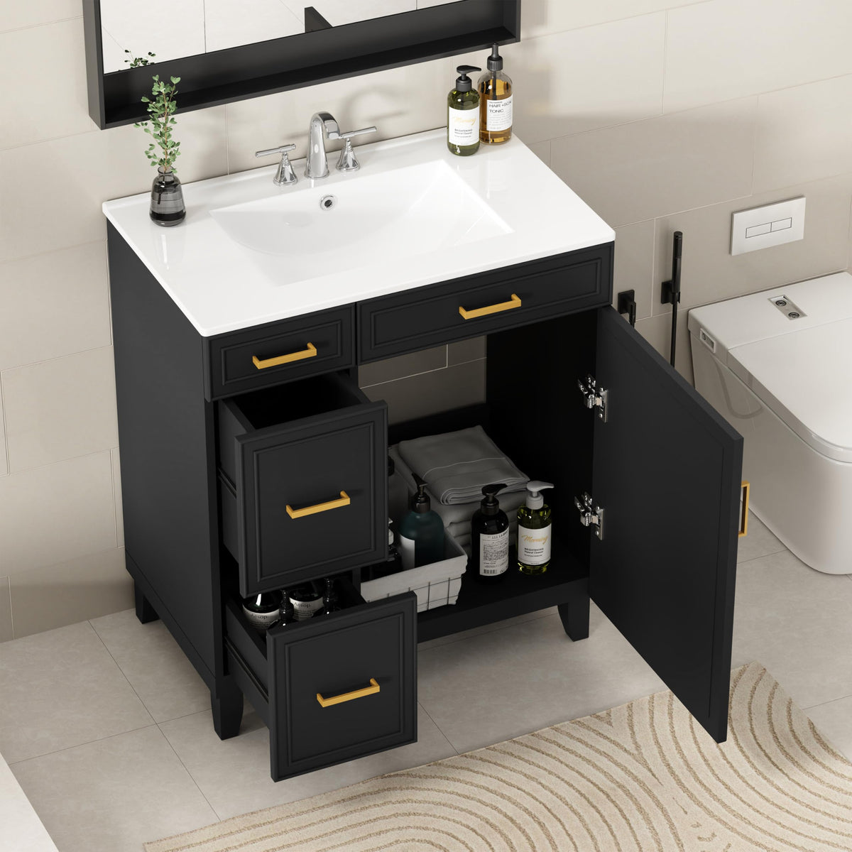 30" Bathroom Vanity with Sink, Solid Wood Frame Modern with Charging Station, Bathroom Single Sink Cabinet with 2 Drawers and 1 Doors, Gold Metal Handles, Black
