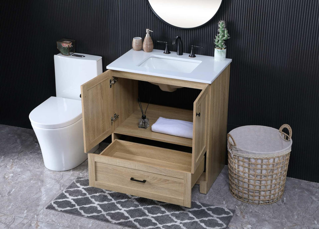 18" Pre-Assembled Bathroom Vanity with Sink, Engineered Wood, Ivory White Engineered Marble Countertop Included, Single Oval Porcelain Sink, 1 Soft-Close Drawers, Expresso