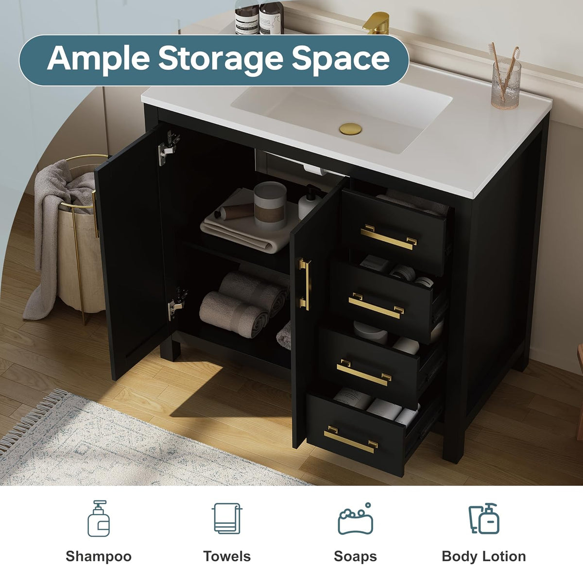 36 Inch Modern Bathroom Vanity with Sink, Black