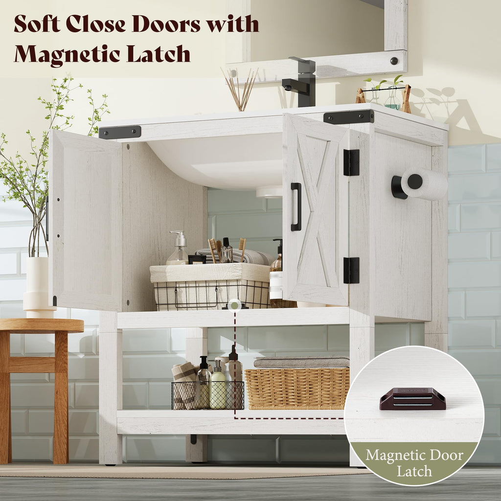 AMERLIFE 48" White Farmhouse Sink Bathroom Vanity, Solid White Top