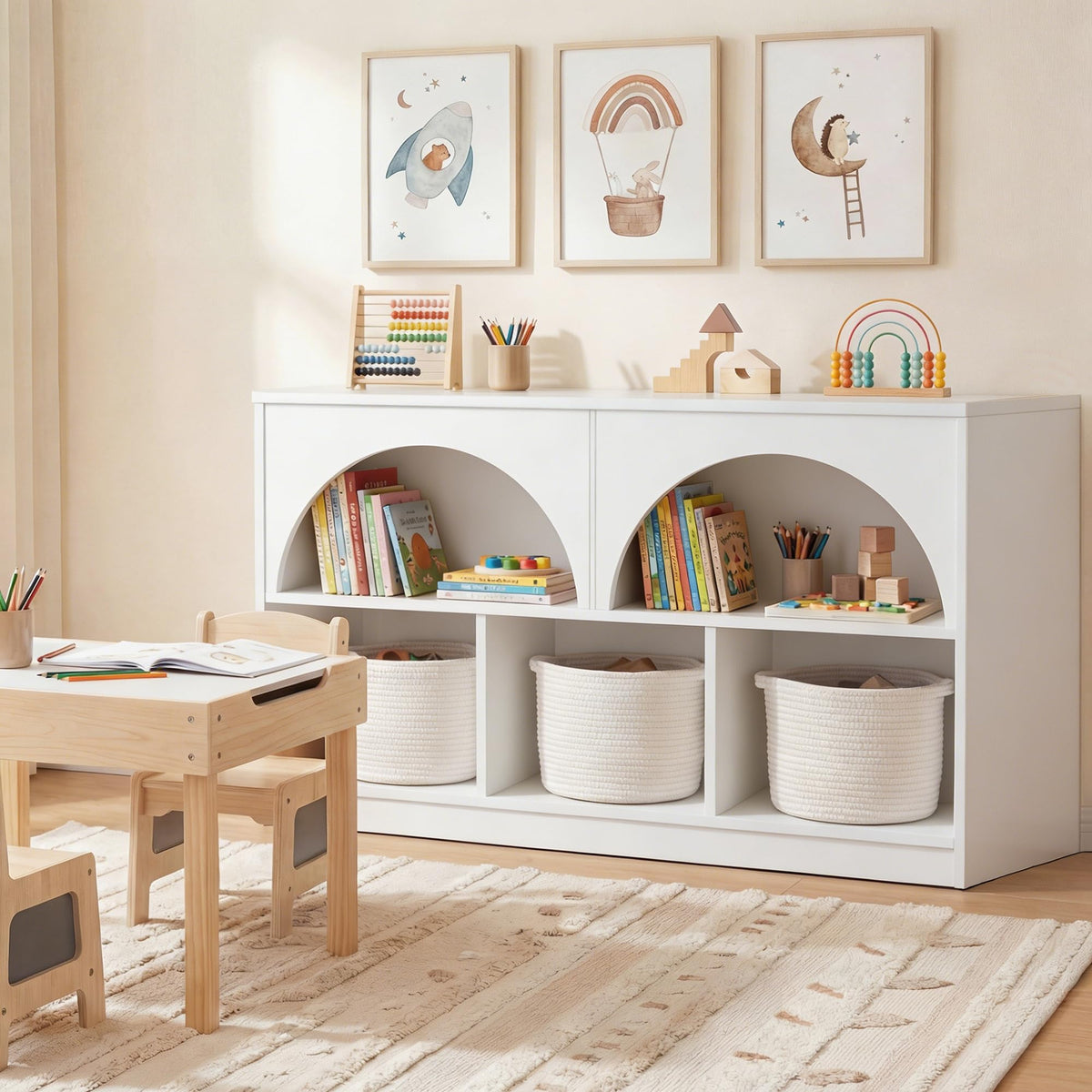 Fatmok Kids Bookshelf and Toy Storage, 2 Pack 58.5ââ Toy Organizer with Movable Chests & 3 Storage Bins, Large Kids Reading Nook with 5 Cubbies for Playroom, Bedroom, Nursery, White