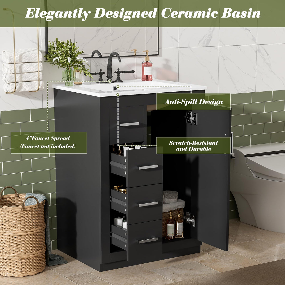 30 Inch Green Bathroom Vanity with Sink & Gold Handles,Light Luxury