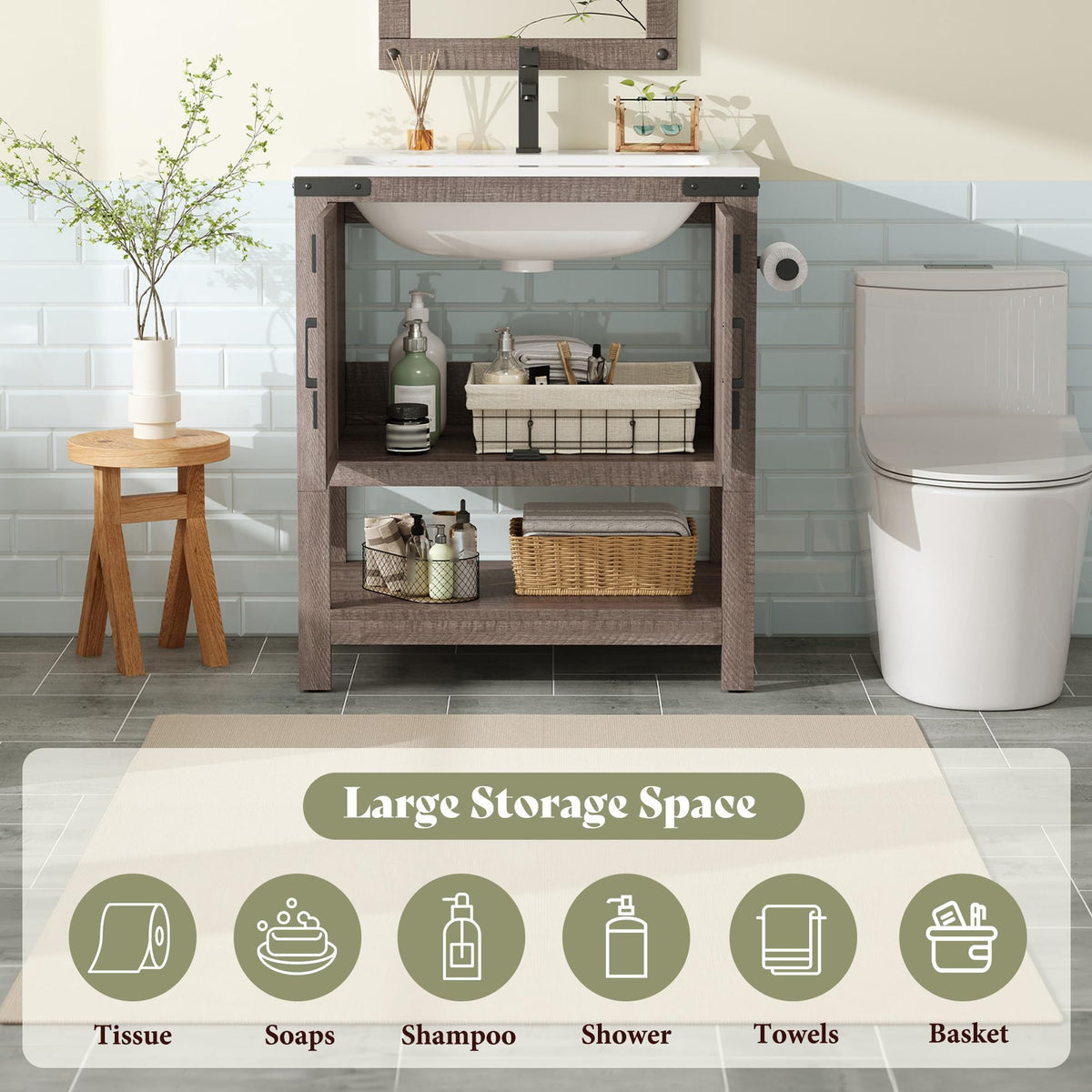 AMERLIFE 48" White Farmhouse Sink Bathroom Vanity, Solid White Top