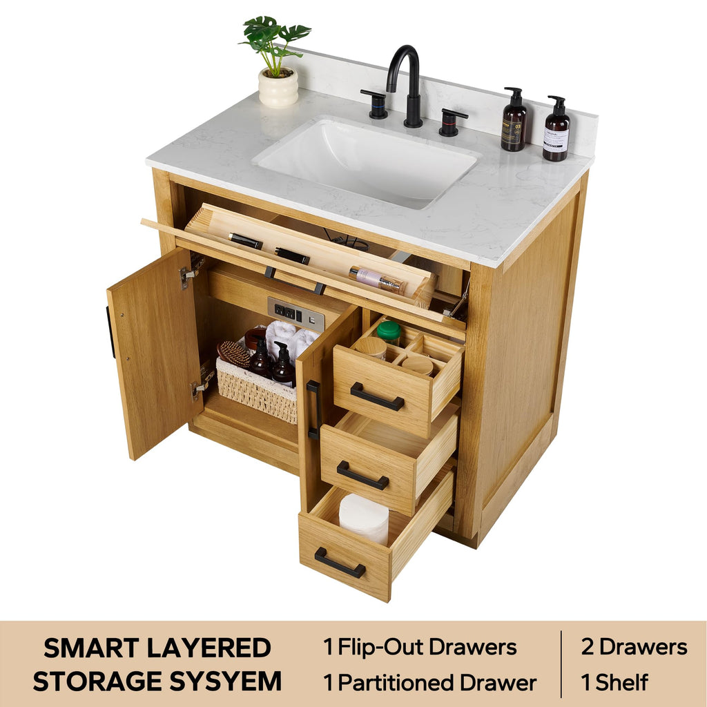 48-inch Dark Walnut Bathroom Vanity with Sink, Solid Wood, 0.79-inch Stone Countertop and Backsplash, 9 Drawers, 2 Soft Closing Doors