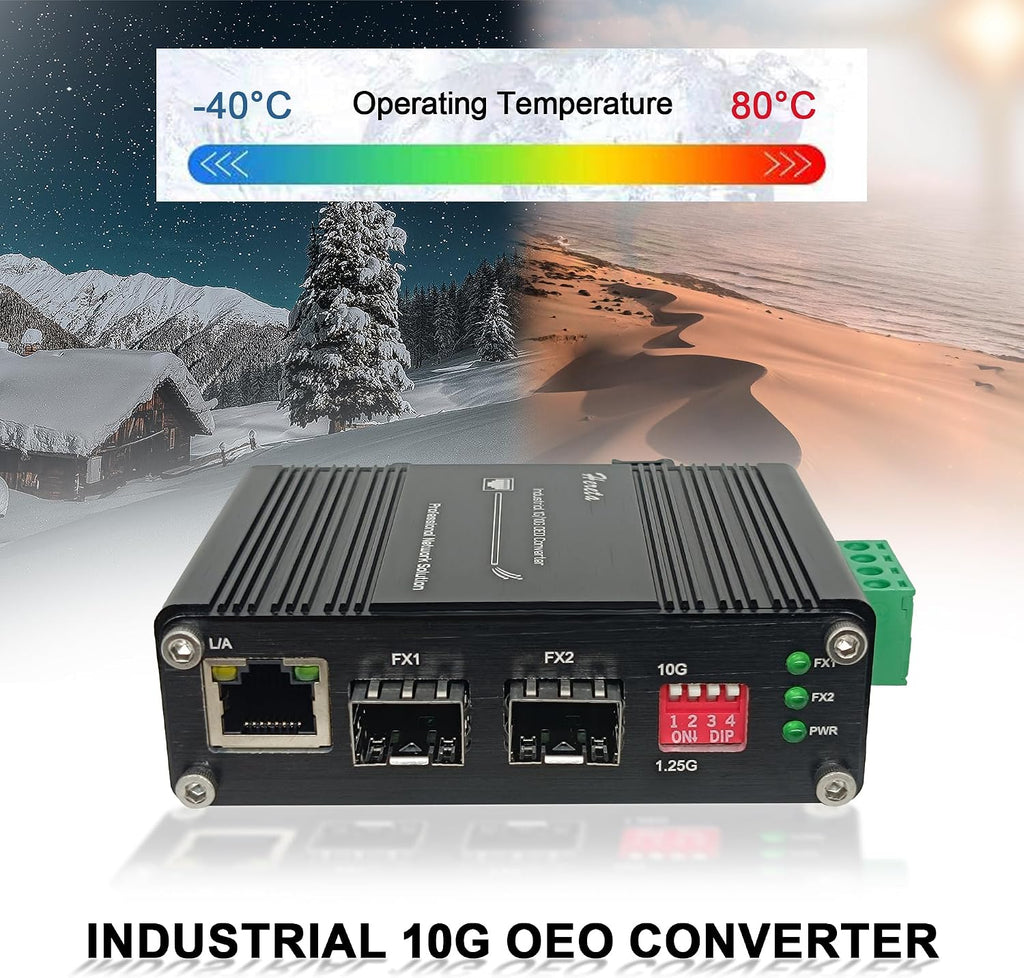 Industrial 10G SFP+ to SFP+ OEO Fiber Media Converter, 3R Repeater Extender Supports 1.25G/10G Rate Switch, Optic Transceiver up to 120km, CWDM/DWDM DDM Loopback, Redundant 12~48VDC, IP40, DIN-Rail