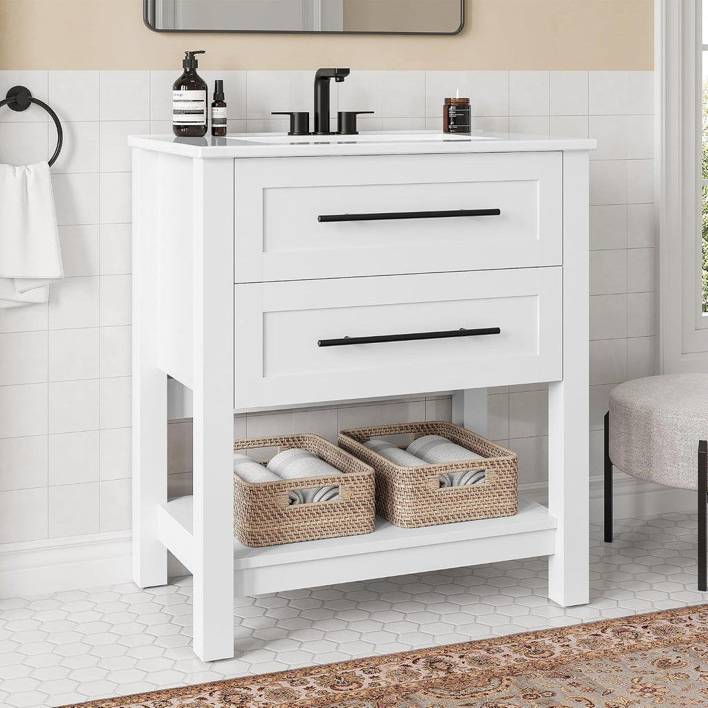 LIKIMIO 30" Bathroom Vanity with Sink, 2 Drawers & Open Shelf, White