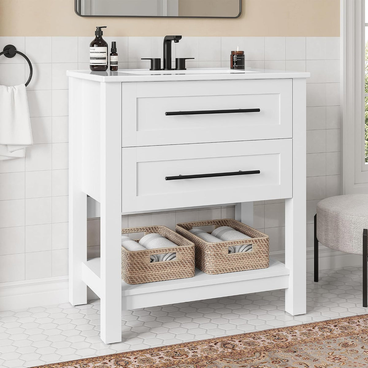 LIKIMIO 30" Bathroom Vanity with Sink, 2 Drawers & Open Shelf, White