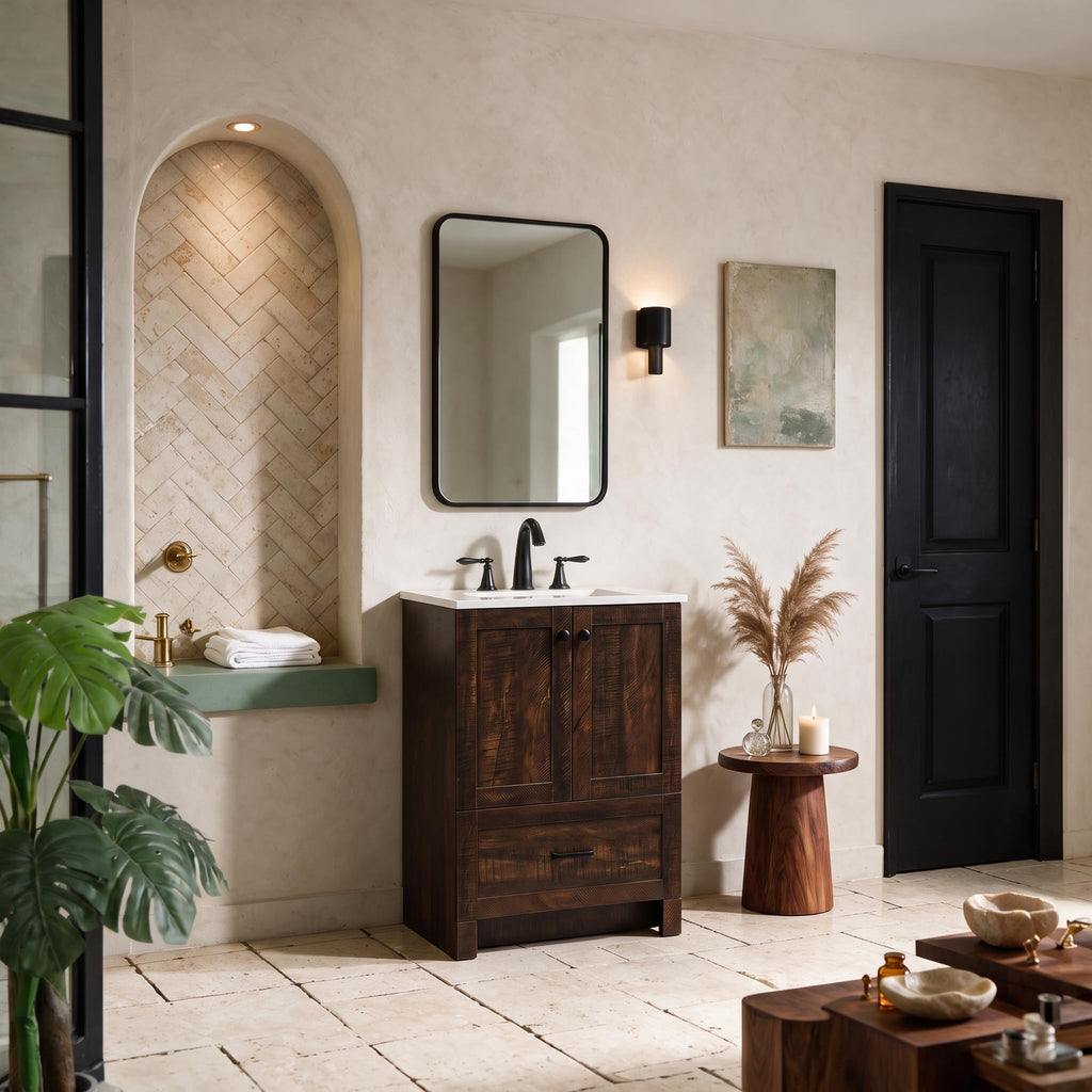 18" Pre-Assembled Bathroom Vanity with Sink, Engineered Wood, Ivory White Engineered Marble Countertop Included, Single Oval Porcelain Sink, 1 Soft-Close Drawers, Expresso