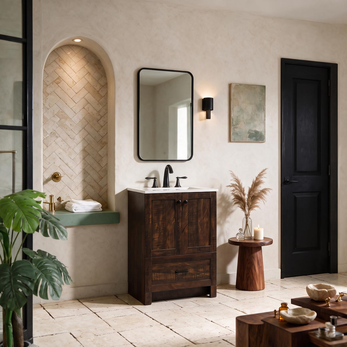 18" Pre-Assembled Bathroom Vanity with Sink, Engineered Wood, Ivory White Engineered Marble Countertop Included, Single Oval Porcelain Sink, 1 Soft-Close Drawers, Expresso