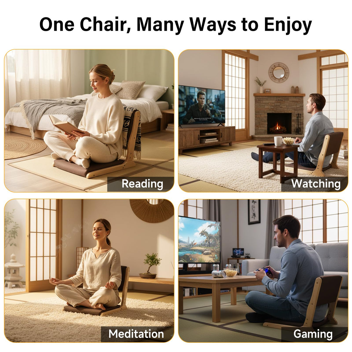 Tiita 2-Pack Foldable Meditation Floor Chairs with Back Support, Wood Grey
