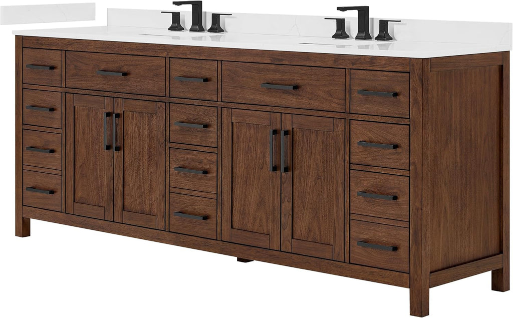 Wyndham Collection Beckett 84 Inch Double Bathroom Vanity in Dark Walnut, Giotto Quartz Countertop, Undermount Square Sinks (3-Hole), Matte Black Trim