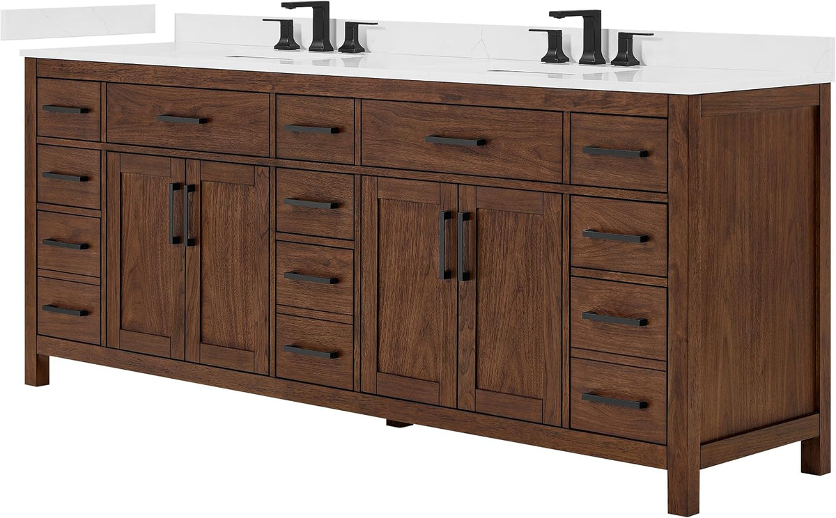 Wyndham Collection Beckett 84 Inch Double Bathroom Vanity in Dark Walnut, Giotto Quartz Countertop, Undermount Square Sinks (3-Hole), Matte Black Trim