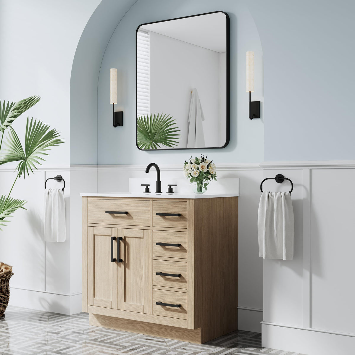 WELLFOR 36-Inch Bathroom Vanity with Sink W/ 2 Doors & 4 Drawers & 1 Flip Drawer,Navy Blue Vanity W/Matte Black Handles