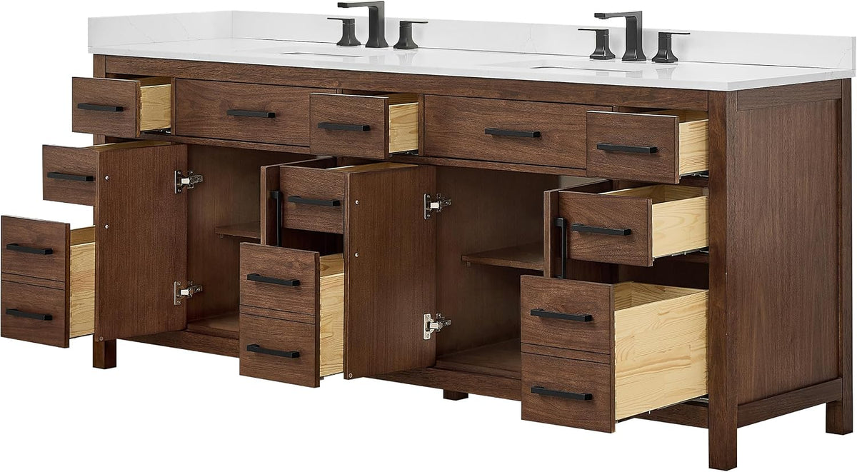 Wyndham Collection Beckett 84 Inch Double Bathroom Vanity in Dark Walnut, Giotto Quartz Countertop, Undermount Square Sinks (3-Hole), Matte Black Trim