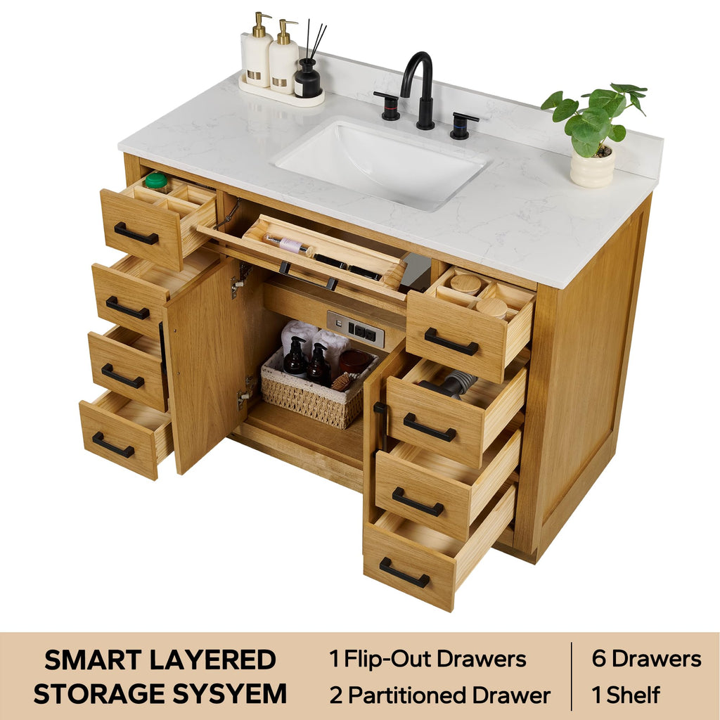 48-inch Dark Walnut Bathroom Vanity with Sink, Solid Wood, 0.79-inch Stone Countertop and Backsplash, 9 Drawers, 2 Soft Closing Doors