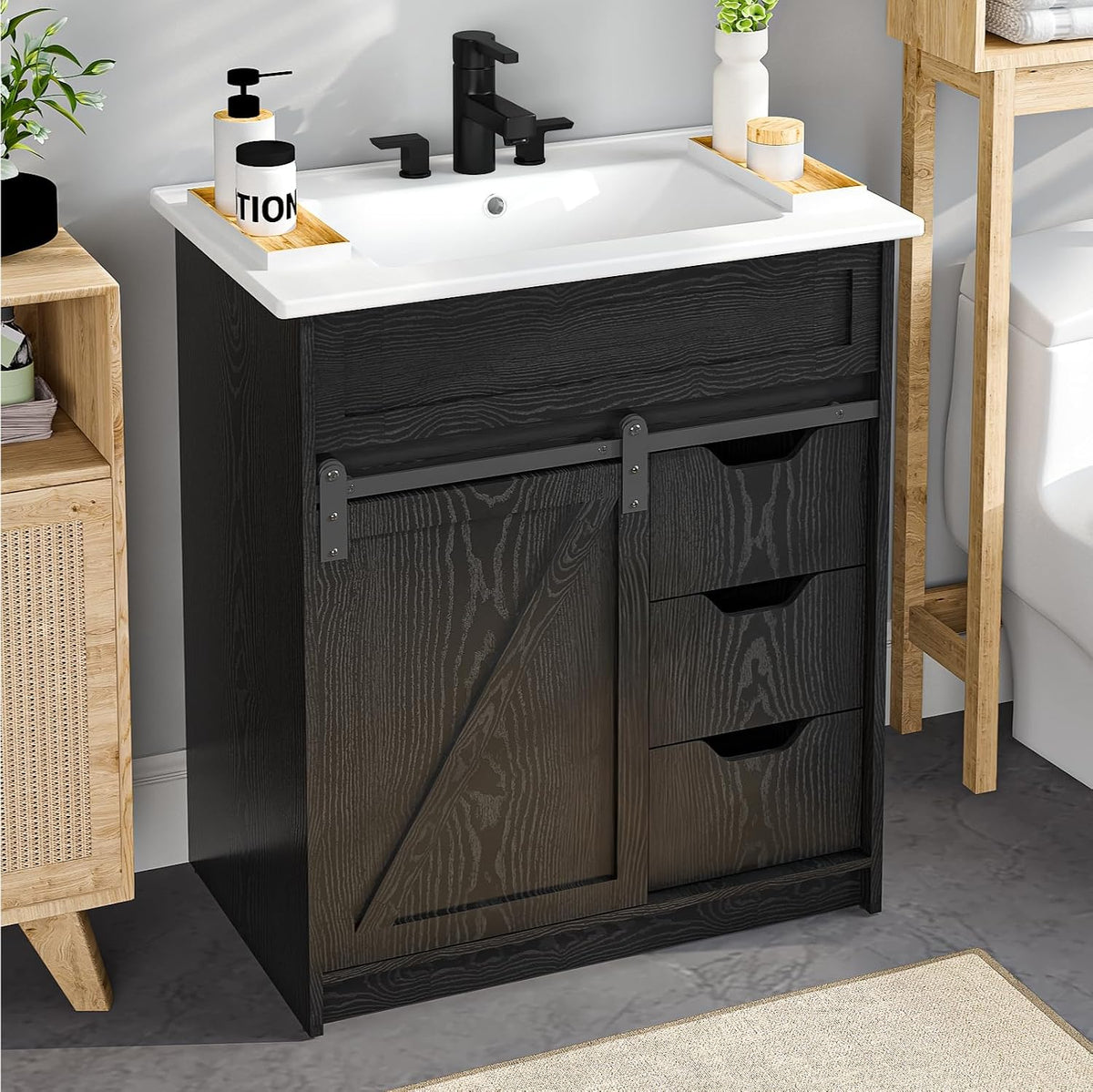 30" Bathroom Vanity with Sink, Sliding Barn Door & 3 Drawers