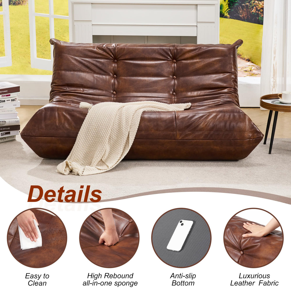 Hobestluk Bean Bag Chair Adult Leather Togo Chair Memory Foam Living Room