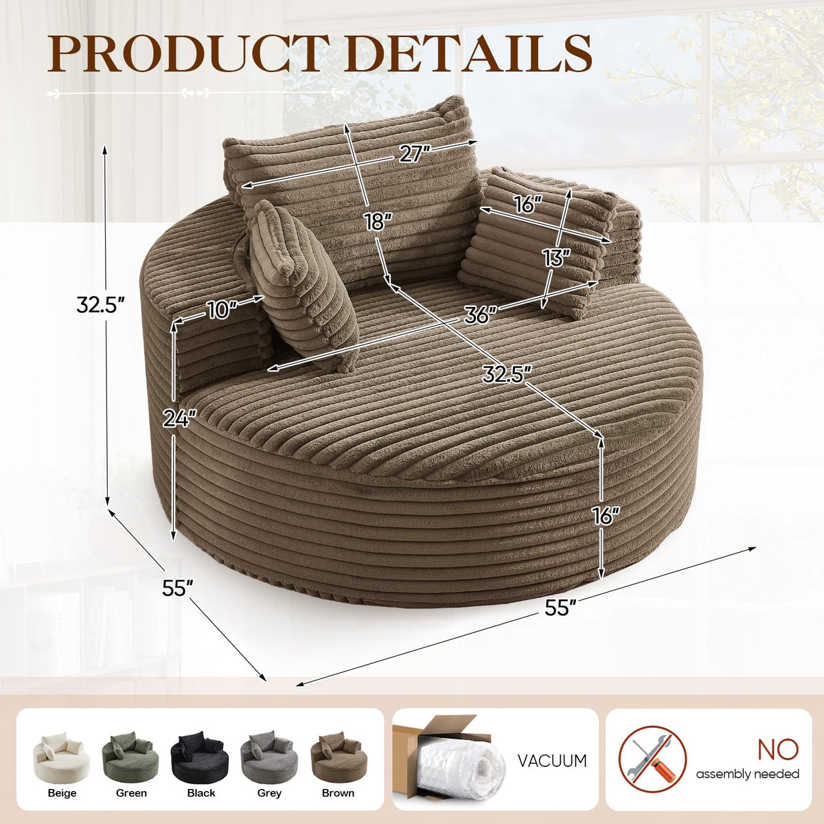 Oversized Round Chaise Longue Chair Indoor, Modern 55-inch Upholstered Corduroy Deep Seat Circle Single Cloud Lounge Floor Sofa Chair for Living Room, Bedroom Apartment, Beige
