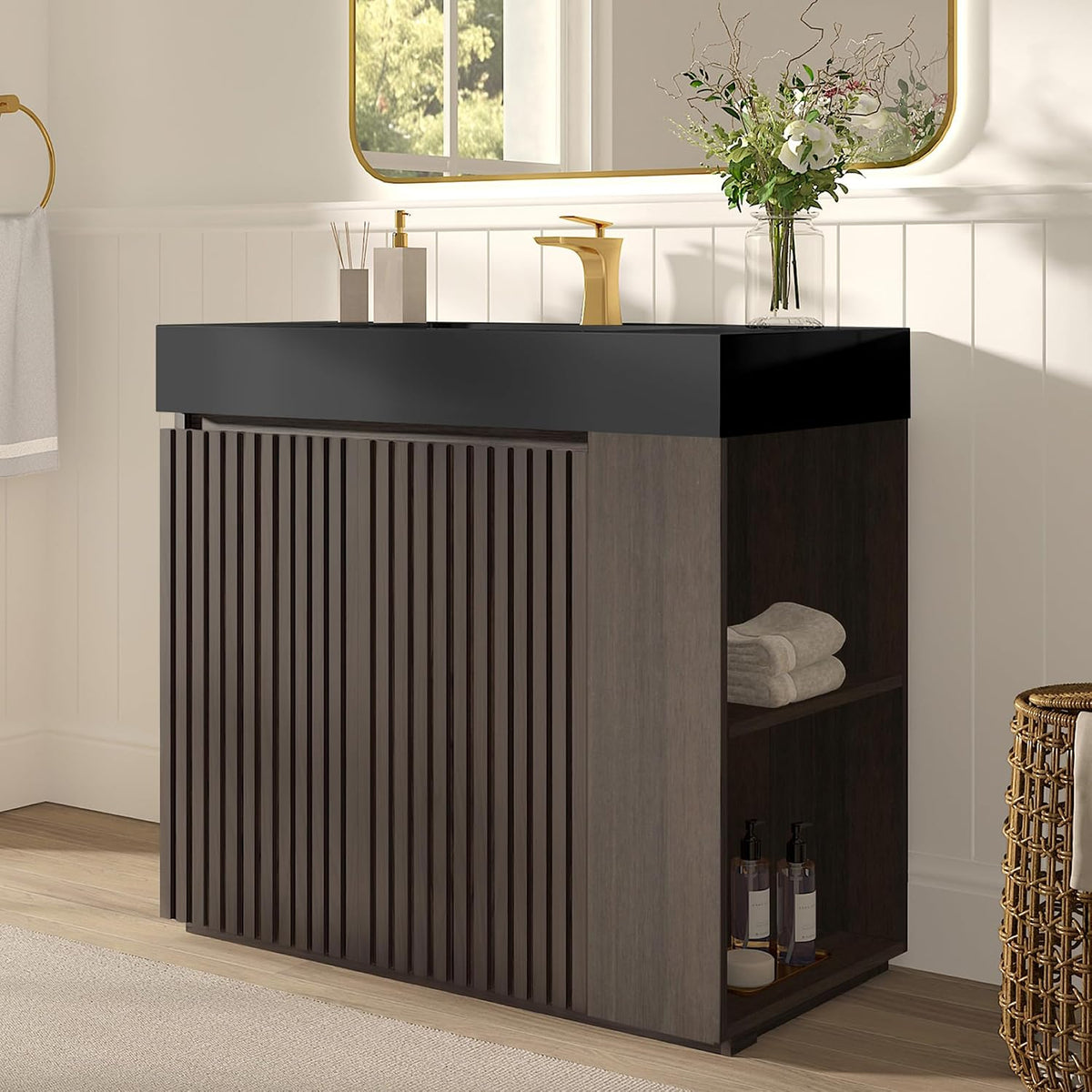 36â Modern Bathroom Vanity with Black Sink, Smoked Brown