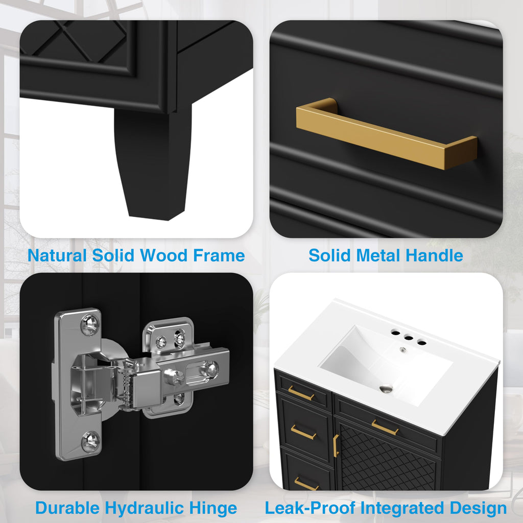 30" Bathroom Vanity with Sink, Solid Wood Frame Modern with Charging Station, Bathroom Single Sink Cabinet with 2 Drawers and 1 Doors, Gold Metal Handles, Black