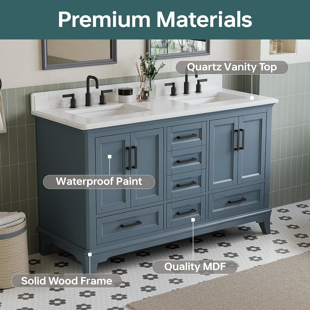 60 Inch Bathroom Vanity Double Sink, Steel Blue