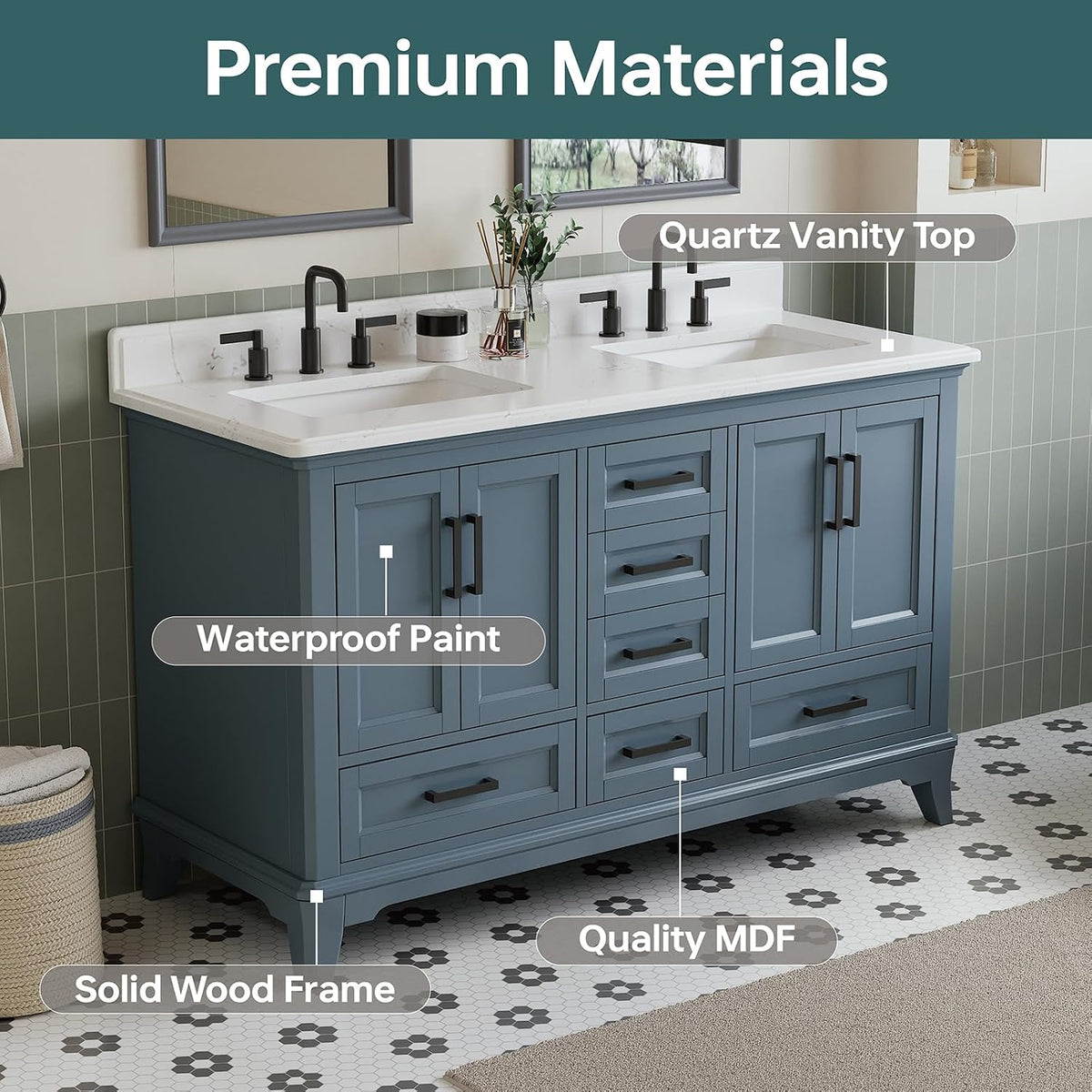 60 Inch Bathroom Vanity Double Sink, Steel Blue