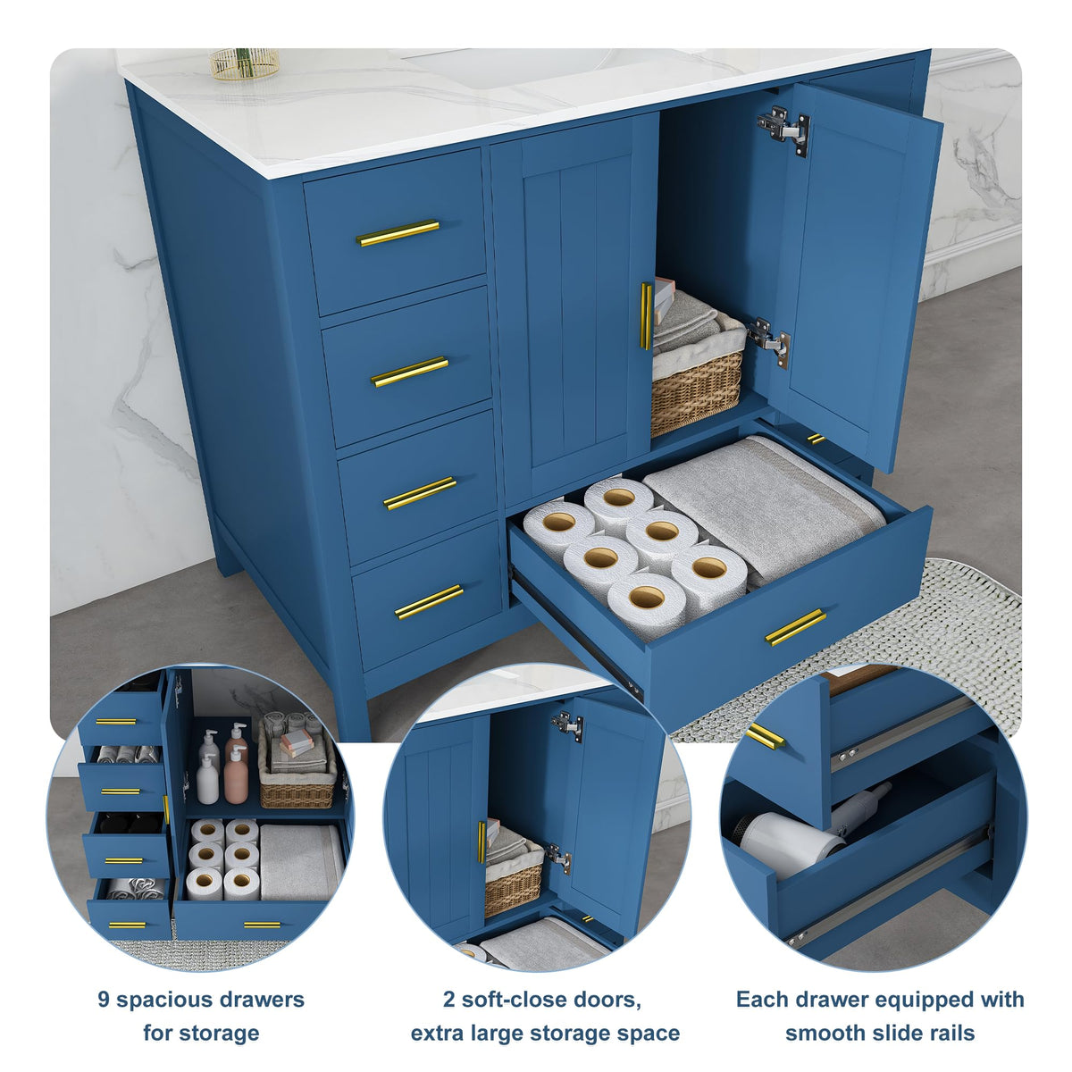 60" Bathroom Vanity Single Sink with 3 Hole, Sink Bathroom Vanity with Solid Wood Frame Storage,Soft Close Double Doors & 9 Sliding Drawers, with Gold Accents