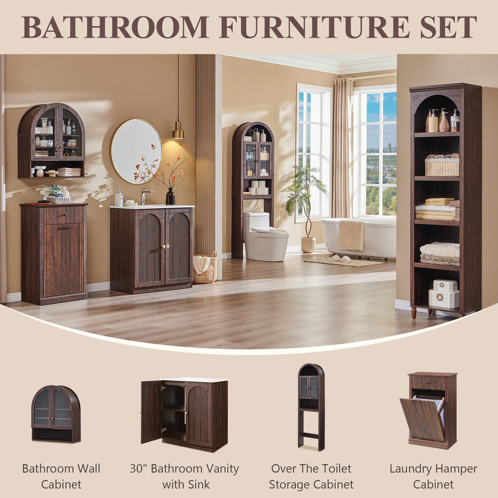 IFGET 30 Inch Bathroom Vanity with Sink, Arched Fluted Design, Natural Oak