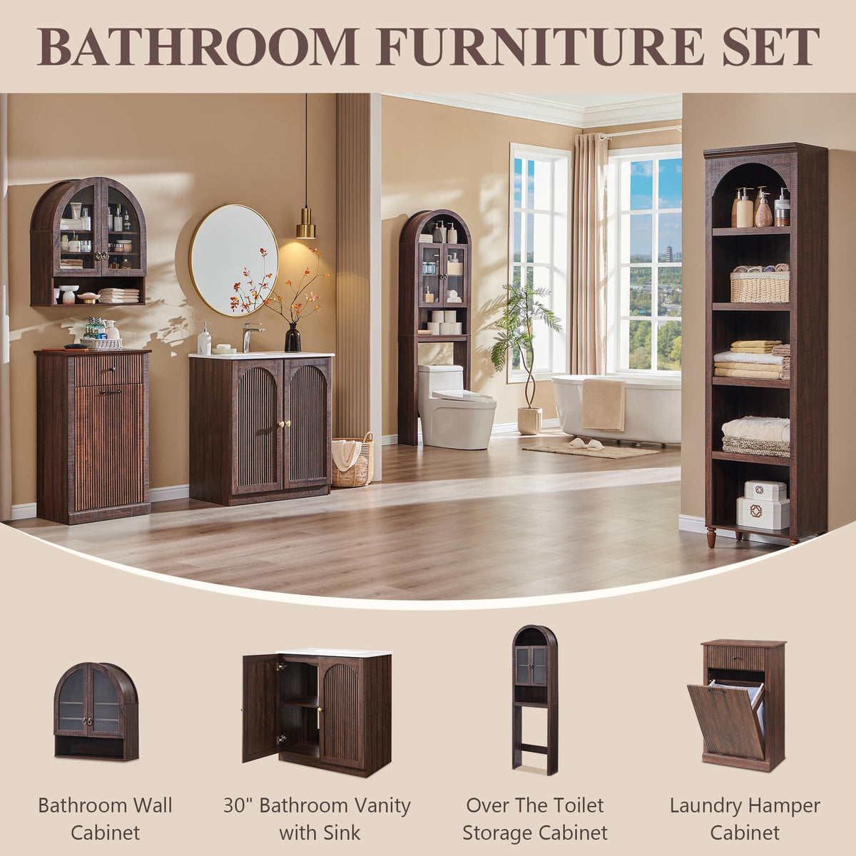 IFGET 30 Inch Bathroom Vanity with Sink, Arched Fluted Design, Natural Oak