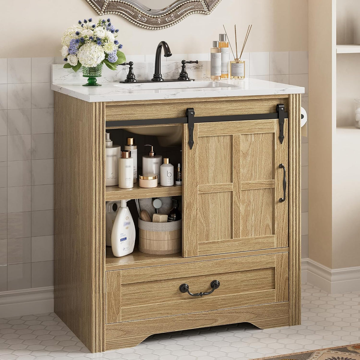 IRONCK Bathroom Vanity with Sink 30", Vanity Cabinet with Water Baffle