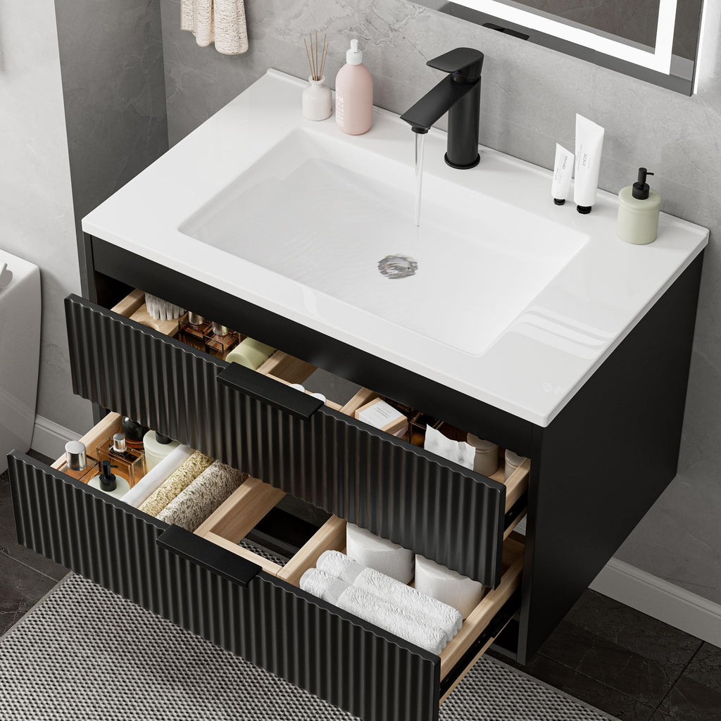 24 Inches Modern MDF Bathroom Vanity with Sink, Wall Mounted Floating Cabinets w/Double Drawers, Black Handles, White Resin Sink Combo Set (Black, 24")