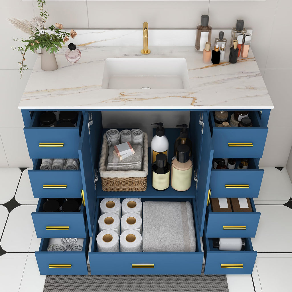 60" Bathroom Vanity Single Sink with 3 Hole, Sink Bathroom Vanity with Solid Wood Frame Storage,Soft Close Double Doors & 9 Sliding Drawers, with Gold Accents