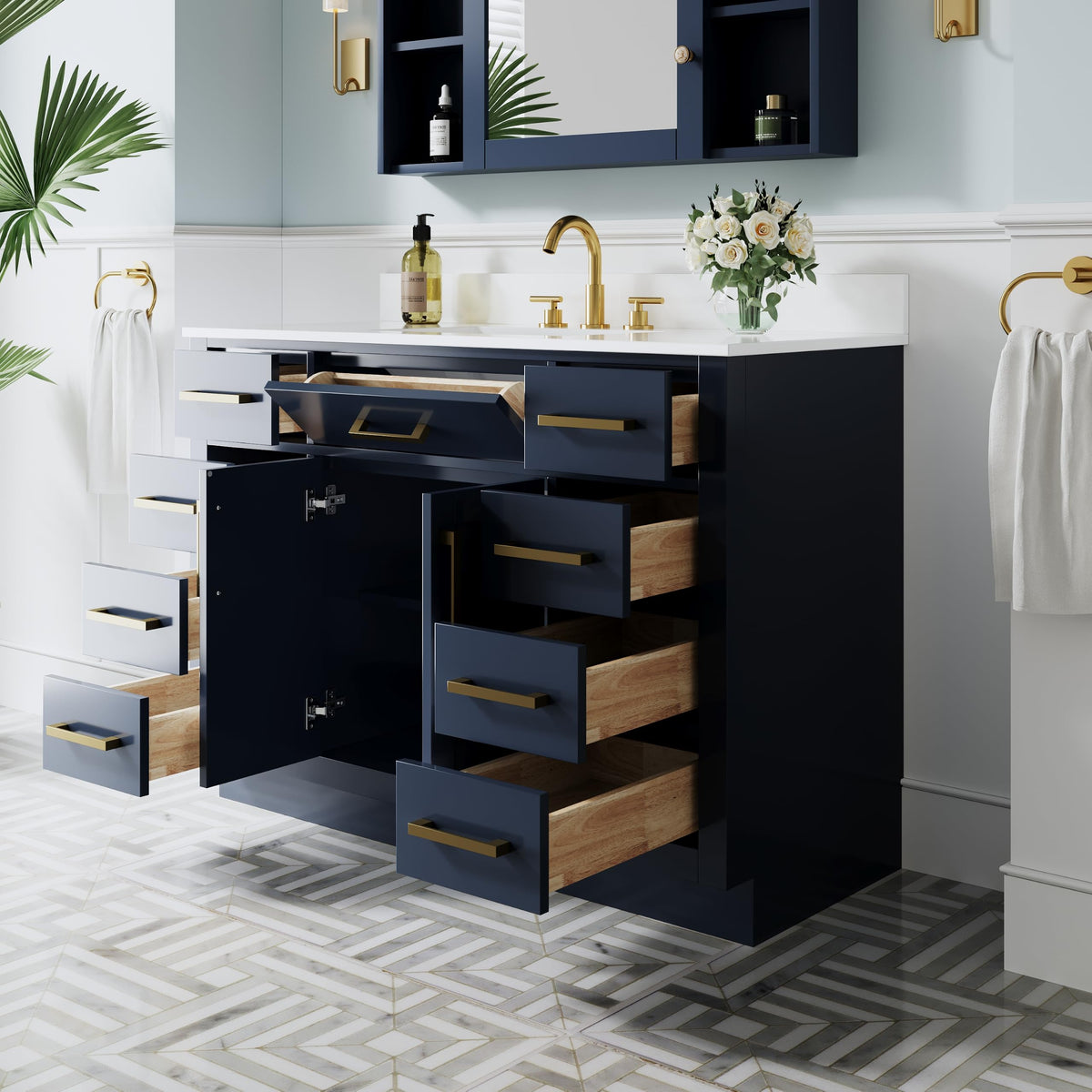 WELLFOR 36-Inch Bathroom Vanity with Sink W/ 2 Doors & 4 Drawers & 1 Flip Drawer,Navy Blue Vanity W/Matte Black Handles