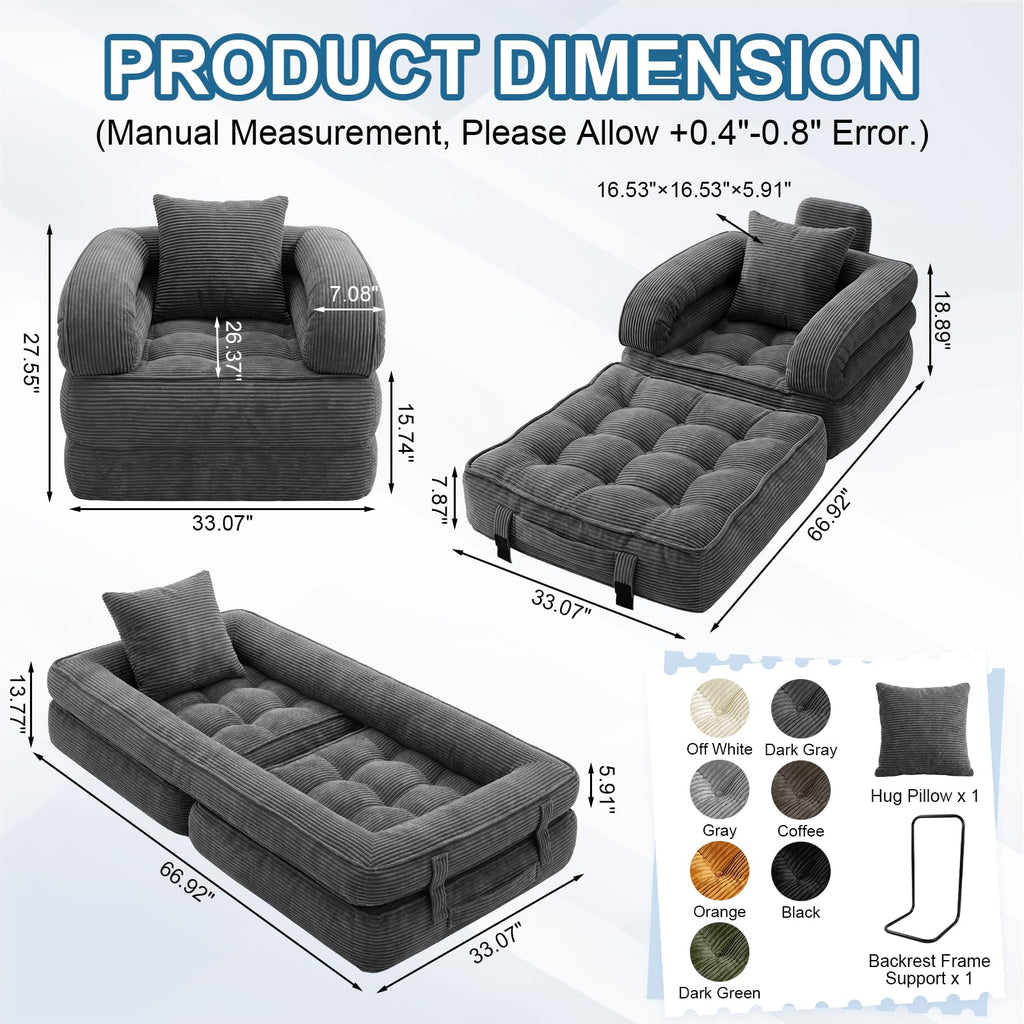 Folding Sofa Bed, Convertible Sleeper Chair with Armrests, Corduroy Foldable Boneless Bed, 3-in-1 Portable Futon Couch Floor Sofa with Pillow for Bedroom, Living Room, Orange