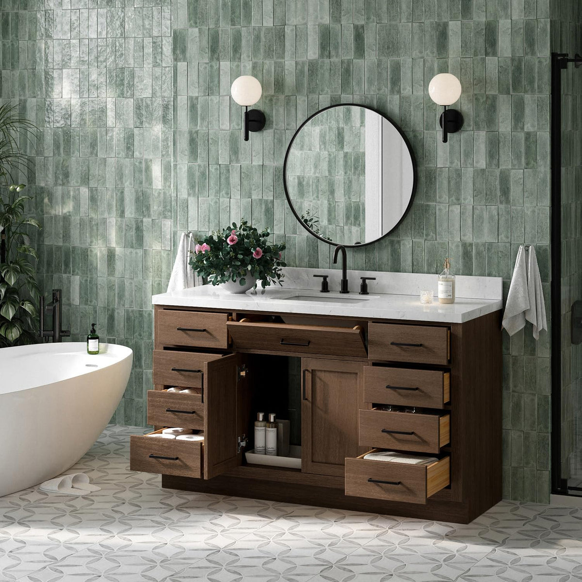 ARIEL Hepburn 60-inch Bathroom Vanity with Sink,Solid Wood, 1.5-inch Carrara White Quartz Countertop & Backsplash, Single Rectangular Porcelain Sink, 2 Soft Closing Doors, 9 Dovetail Drawers, Black